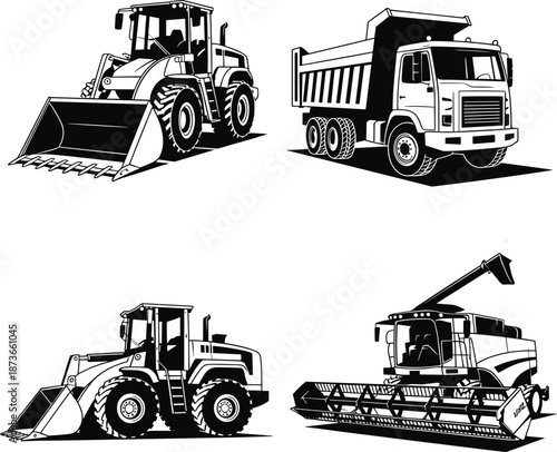 Construction and agriculture vehicle illustration set, black heavy machinery vector designs for building, excavation, transport, and farming equipment graphics