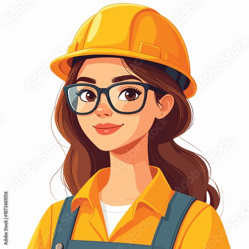 Smiling Female Worker Illustration in Safety Hard Hat and Glasses Portrait