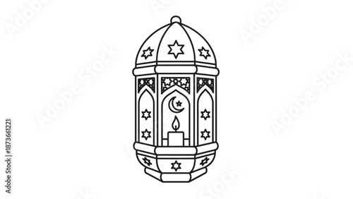 A minimalist line art illustration of a lantern with a candle and stars on a transparent background