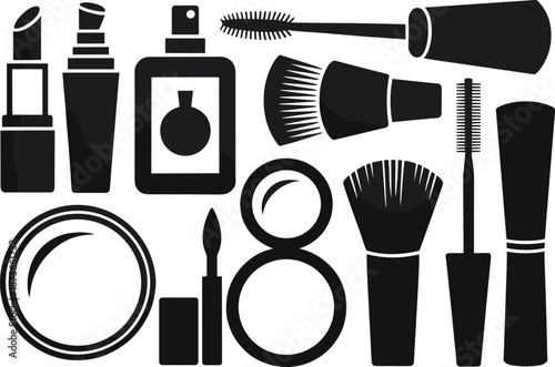 Cosmetic makeup silhouette vector set, beauty tools illustration, lipstick, mascara, brush, perfume bottle, compact powder icon, fashion grooming design
