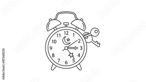 A minimalist line art illustration of an alarm clock with a key and moon star design