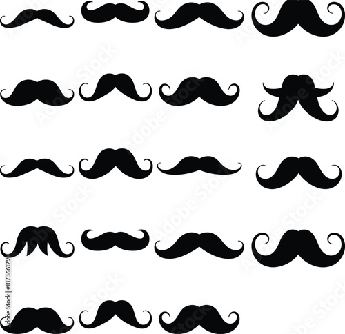 Collection of vintage mustache silhouettes, black retro beard icons set, hipster facial hair styles vector, men grooming design illustration, clipart isolated
