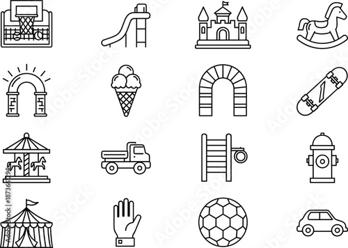Collection of playground and kids activity icons including slide, castle, rocking horse, toys, sports equipment, circus tent, and vehicles