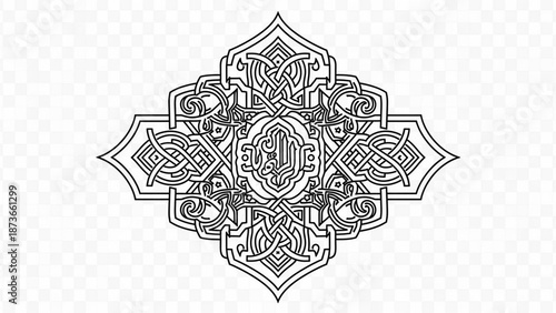 A black and white Celtic knot design on a transparent background