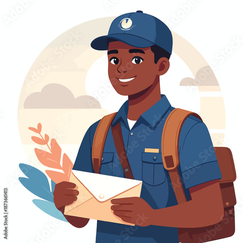 Friendly illustration of a smiling young mail carrier delivering an envelope in a community setting.