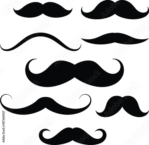 Collection of vintage mustache silhouettes, retro facial hair styles, grooming icons, black vector illustration for barbershop logo, fashion accessory, hipster design elements