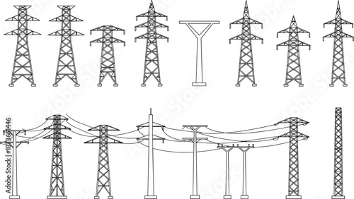 Collection of high voltage transmission towers, power line poles, utility structures with electric cables, energy grid pylon set illustration vector