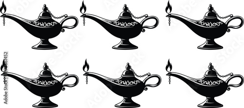 Collection of vintage magic lamps with decorative flames, antique oil lamp illustrations for fantasy themes, mystical wishes concept, ornamental vector design