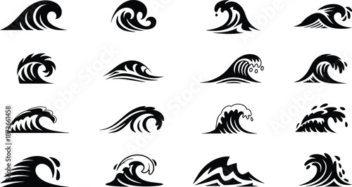 Collection of stylized ocean wave icons, surf water symbols, abstract sea wave designs, black silhouette vector art, coastal wave patterns, ocean nature logo set