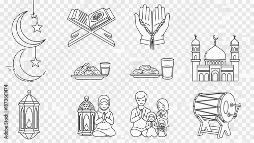 Ramadan kareem illustrations set including mosque food lanterns and people in prayer