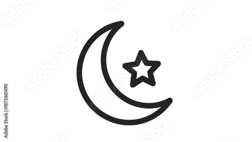 A black line art illustration of a crescent moon with a star