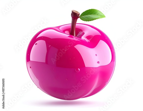 Glossy, pink apple with stem and leaf, isolated on white background