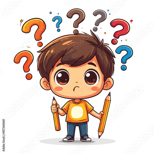 Thoughtful young boy cartoon character holding pencils surrounded by floating question marks, symbolizing learning and inquiry.