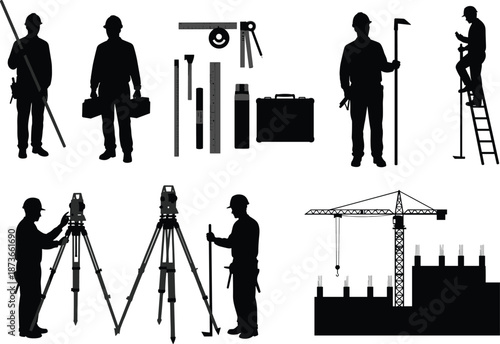 Construction workers, tools, survey equipment, crane, and silhouettes on job site, measuring, inspecting, planning, working at heights, in professional engineering roles.