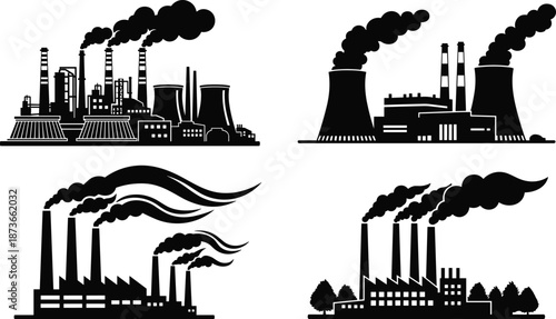 Collection of industrial factory silhouettes with chimneys emitting smoke, representing pollution, industrialization, power plants, manufacturing facilities, and environmental impact concepts