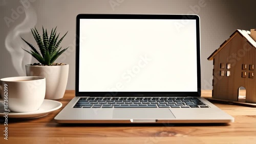 Close-up of a modern laptop with a blank white screen, placed on a wooden desk next to a cup of coffee and a potted plant, suggesting remote work or home office setup.