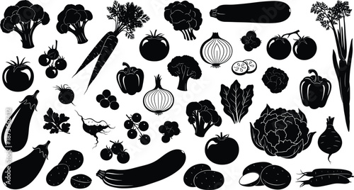 Collection of vegetable silhouettes featuring tomatoes, carrots, broccoli, onions, peppers, zucchini, potatoes, leafy greens, and assorted produce for food illustrations