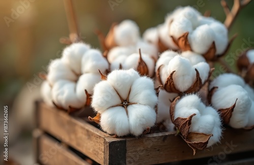 Macro photo of cotton flowers in wooden crate. Cotton bolls are white and fluffy. Cotton represents softness naturalness and comfort. This image ideal for textile industry natural products.