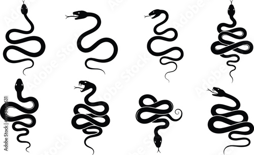 Collection of snake silhouettes with curled bodies and detailed heads, reptile design elements for tattoo artwork, wildlife illustration, serpent