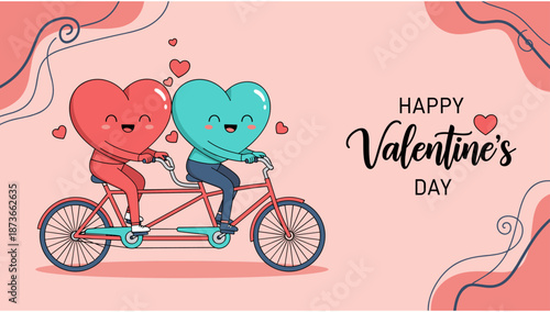 Happy Valentine's Day greeting card with two cute heart characters riding a red tandem bicycle on a soft pink background