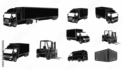 Collection of Commercial Delivery Trucks and Forklifts Silhouettes.