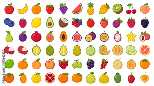 Colorful Fruits Collection, Food Art, Digital Illustration, Vibrant Display, Whimsical Style