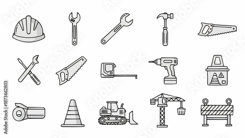 Collection of construction tools and equipment icons.