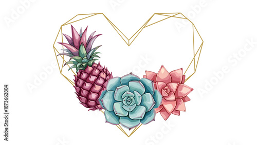 Geometric gold heart frame decorated with pink pineapple and blue succulent plants on a white background for a tropical Valentine.
