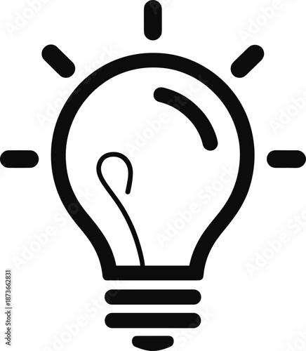 Black line art light bulb icon with filament, vector illustration for creative idea, isolated innovation symbol, simple electric lamp design element