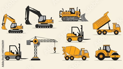 Collection of construction vehicles and heavy machinery illustrations.