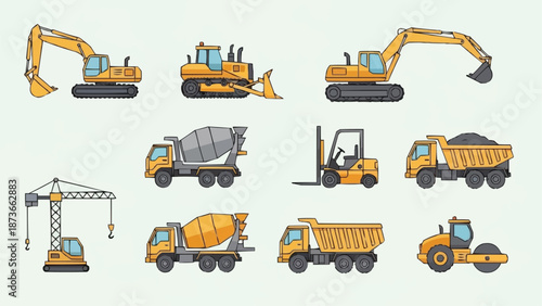 Collection of Construction Vehicles and Equipment Set.