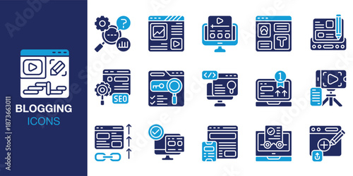 Blogging Icon set. Containing copy, editing, draft, idea, creative, niche, website and more. Solid vector icons collection. Vector illustration.
