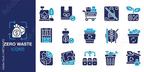 Zero Waste Icon set. Containing sustainable, ecofriendly, packaging, minimalism, plasticfree and more. Solid vector icons collection. Vector illustration.