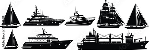 Collection of yacht, sailboat, cargo ship and sailing vessel silhouettes featuring modern boats and classic ships for marine nautical design projects