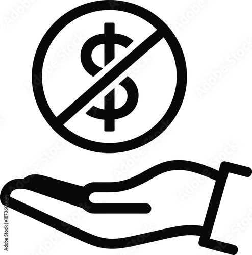 Black line vector icon of hand with crossed out dollar sign, symbolizing no fee, free service, bankruptcy, or financial crisis