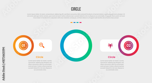 Circle base shape infographics gradient template diagram with big circle center and small circle each side direction with 2 point step creative