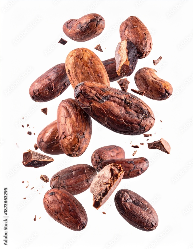 Obraz premium The Dance of Chocolate: A close-up shot capturing the elegant dance of cocoa beans and pieces, showcasing their rich textures and earthy colors against a captivating backdrop.