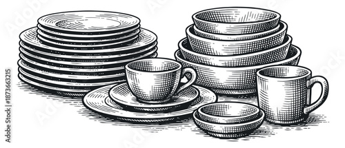 Hand drawn line art dinnerware set featuring stacked plates, bowls, cups, and mugs for kitchen and dining