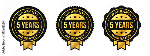 5 years warranty logo set with golden ribbon and stars in circle vector illustration. For icon, sign, symbol, badge, stamp, seal, label, shield, stickers, certificate, seal, lifetime, illustration