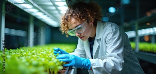 Scientist in lab coat, goggles examines small plants under bright grow lights. Researcher studies plant growth in controlled indoor agricultural setting, focusing on crop development, innovation. © Pete