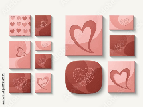 Elegant collection of red and pink heart designs on various square and rectangular boxes perfect for valentines day and romantic occasions