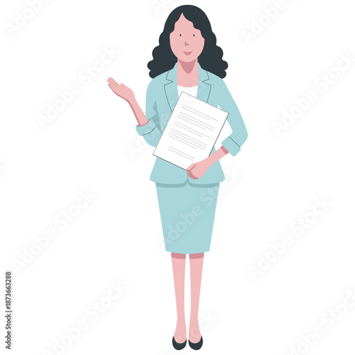 A vector illustration of a full-body front view of a smiling multinational woman holding documents and posing as a guide. The woman's business suit is green, her skin is reddish, and her hair is black