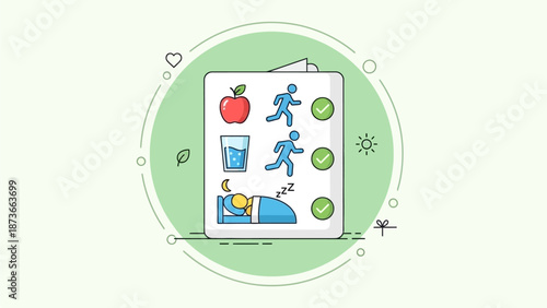 Healthy Lifestyle Choices Illustrated with Exercise, Nutrition, and Sleep Icons in Minimalist Design