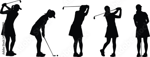 Female golf player silhouette set, professional woman golfer swinging club, sports activity icons, lady golfer training poses, black vector shapes on white background