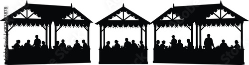 festival, silhouette, market, pavilion, booth, people, crowd, celebration, outdoor, vector, fair, summer, party, gathering, event
