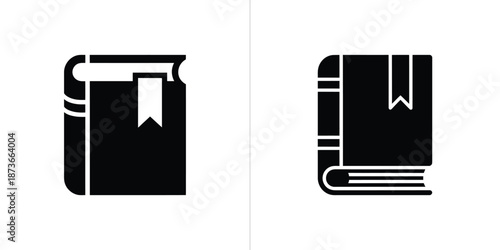 Two Black Book Icon Set with Bookmark on White Background Minimalist Design