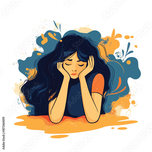 Young woman feeling stressed and uncomfortable, vector illustration of a person having mental disorder panic and anxiety, psychological problems. , vector style simple color