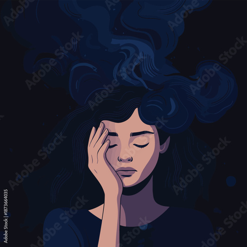 Young woman feeling stressed and uncomfortable, vector illustration of a person having mental disorder panic and anxiety, psychological problems. , vector style simple color