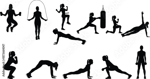 fitness, exercise, silhouette, workout, gym, training, woman, healthy, active, vector, sports, cardio, athlete, wellness, strength