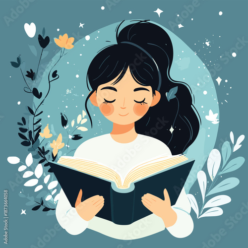 Young woman reading a book and having some fantasies, vector illustration of a girl with open book in her hands, fiction literature concept, personal development